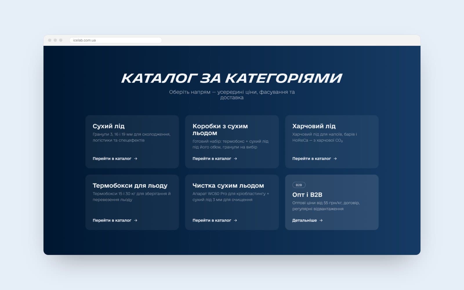 Каталог інтернет-магазину IceLab за категоріями: сухий лід, коробки, харчовий лід, опт