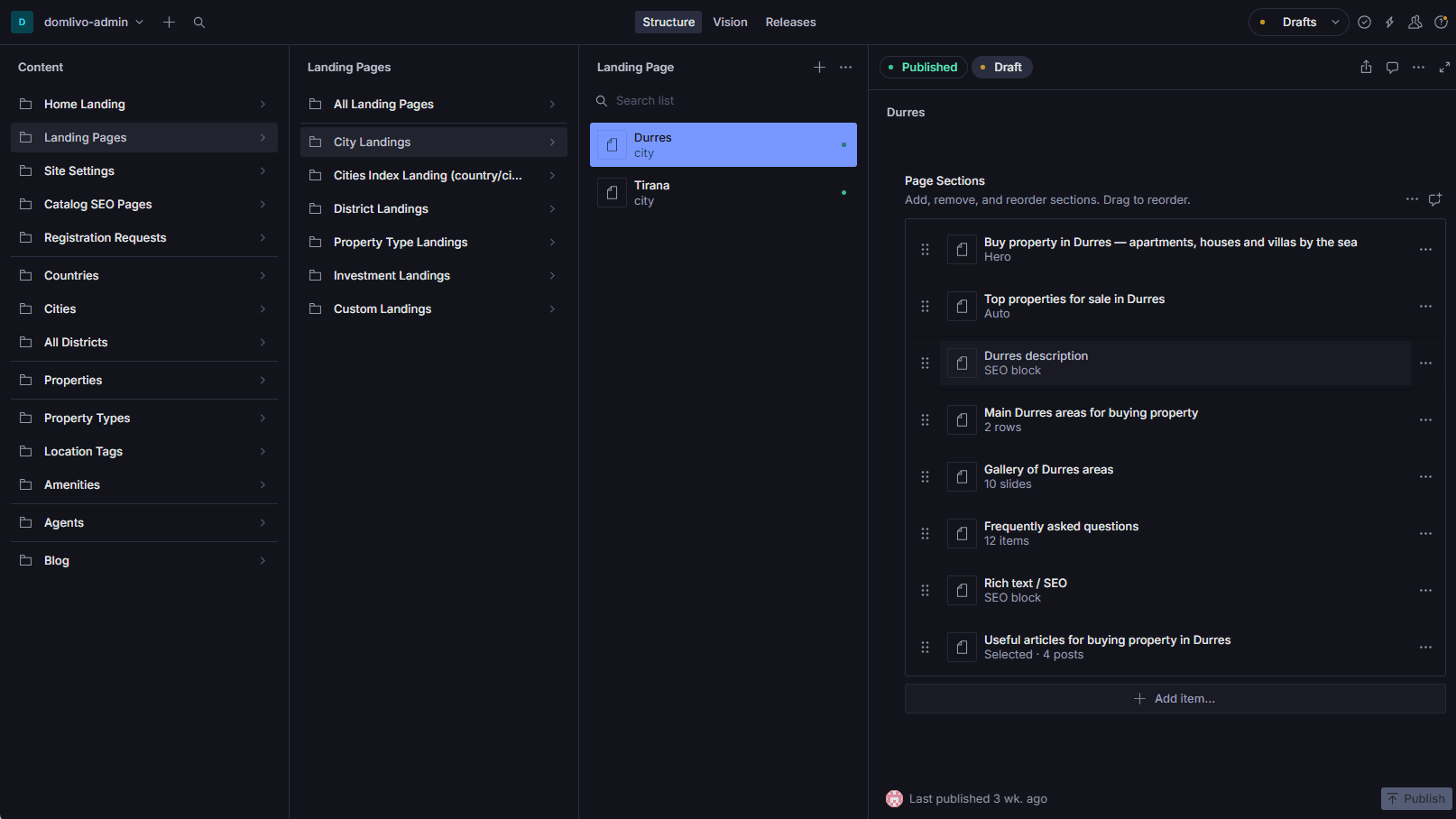 Sanity Studio admin interface on desktop — drag-and-drop block editor